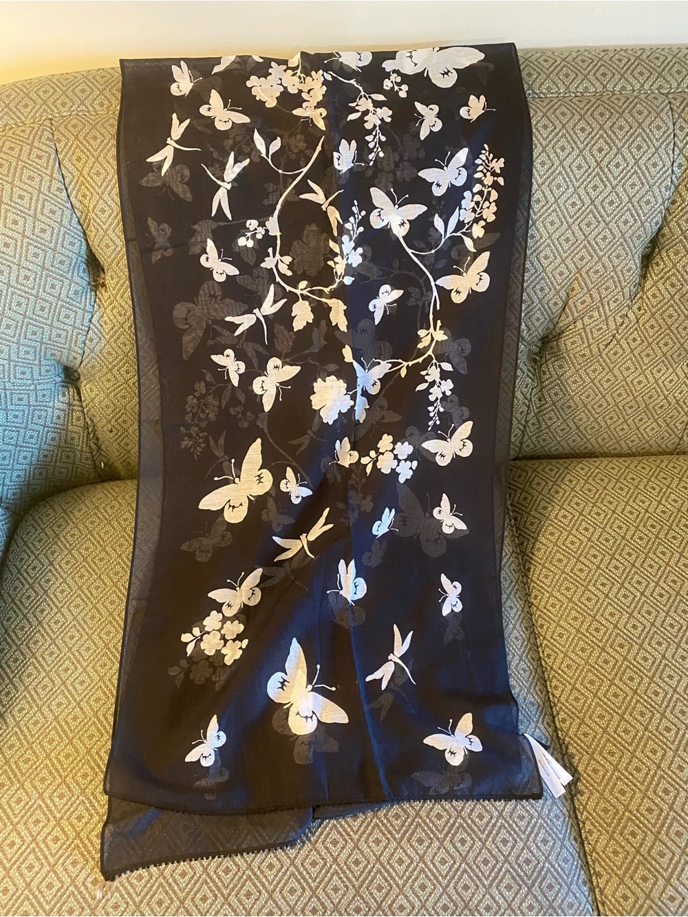 Black Floral & Butterfly Cotton and silk scarf 70” long